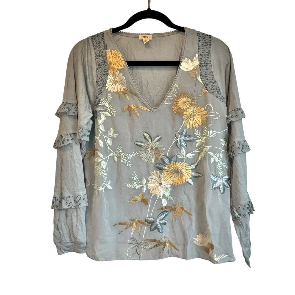 Anthropologie Tiny Embroidered Floral Ruffled Top Long Sleeves Size Small NWOT - Picture 6 of 13